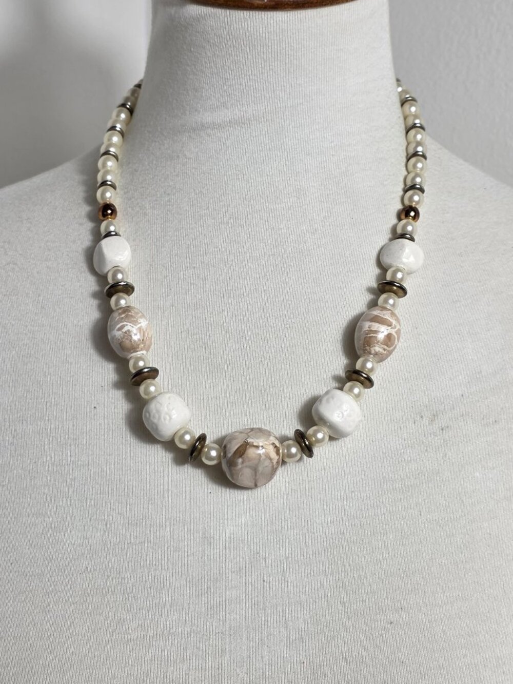 Chunky Mixed Bead Necklace Cream Faux Pearls Marbled Stone Accents Silver Spacer